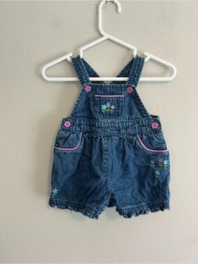 Vintage Gymboree 0/3m dark wash Denim Floral Embroidered Short Overalls